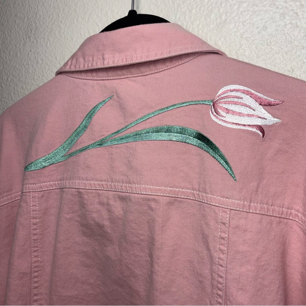 Bob Mackie Wearable Art Pink Denim jacket w/Tulips Vintage Women's size medium - Picture 14 of 16